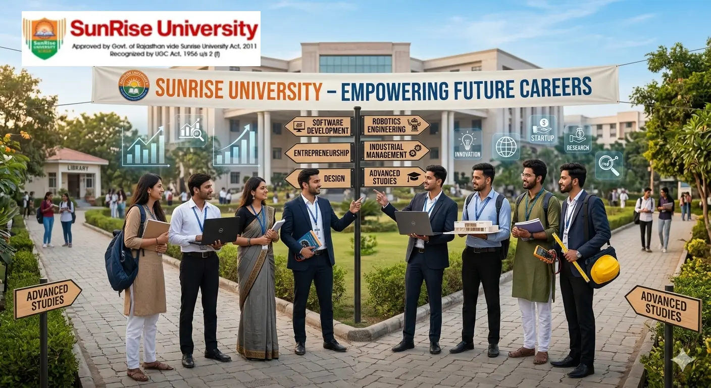 Sunrise University students at a pathway junction with signboards pointing towards multiple career options like Software Development, Robotics Engineering, Entrepreneurship, and Advanced Studies, next to a banner reading "Empowering Future Careers."