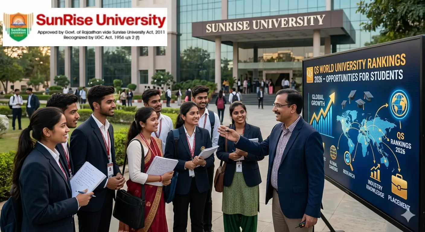 A group of engaged students at Sunrise University listening to a mentor discuss global education pathways and QS World University Rankings on a large digital screen.
