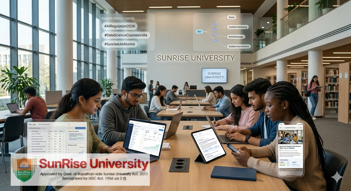 A high-quality, cinematic visual capturing a diverse group of focused students collaborative study at Sunrise University. They are gathered around a wooden table in a brightly lit, modern architectural library with large windows overlooking a green campus. The central theme is how research is evolving, blending traditional academic settings with futuristic, holographic Augmented Reality (AR) displays. The AR overlays highlight current digital marketing concepts and trends predicted for 2026, including 'Search trench trends' (specifically '#AIRegulation2026' and '#DataScienceCoursesIndia'), an '#SEO' and 'Content Marketing' knowledge graph, and a 'SunriseUniAlumni' connection. Students use diverse devices: one student reviews Google search results for 'Sunrise Uni' data, another analyzes data on a tablet, and a third student uses a smartphone to access admissions information. The atmosphere is vibrant, focused, and highlights the synthesis of education and advanced technology at Sunrise University.
