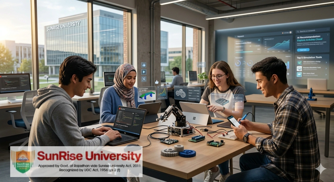 A high-quality visual set on the Sunrise University campus in 2026. A diverse group of four engineering students (including a woman in a hijab) is gathered around a table, collaborating on a modular robotics project featuring a robotic arm and circuit boards. The scene perfectly blends traditional hands-on work with futuristic educational technology. Transparent, interactive Augmented Reality (AR) overlays float in the air, displaying a video tutorial (marked 'EngiVids' and 'MechSim Labs'), Python coding, mechanical CAD schematics, and an Arduino connection status. Through the large window, the 'Sunrise University' campus building is clearly visible under a late afternoon sun. In the background, a massive screen wall displays active analytics for '#TopSimulationTools' and an 'AI Recommendation' to 'Explore Arduino Cloud'. The image emphasizes modern, collaborative, and technology-driven learning in higher education.