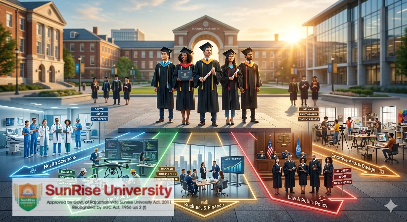 A highly detailed infographic illustration set on the campus of Sunrise University. Five diverse graduates in caps and gowns stand at the center, symbolizing their readiness. Radiating from below them are five color-coded pathways leading to distinct, realistic professional environments: Health Sciences (Blue, hospital setting), Engineering & Technology (Green, robotics lab), Business & Finance (Yellow, corporate boardroom), Law & Public Policy (Red, courtroom), and Creative Arts & Design (Orange, modern design studio). Each field is complete with specific role titles and representative equipment, providing a clear roadmap for students exploring different majors and their associated career outcomes at Sunrise University.