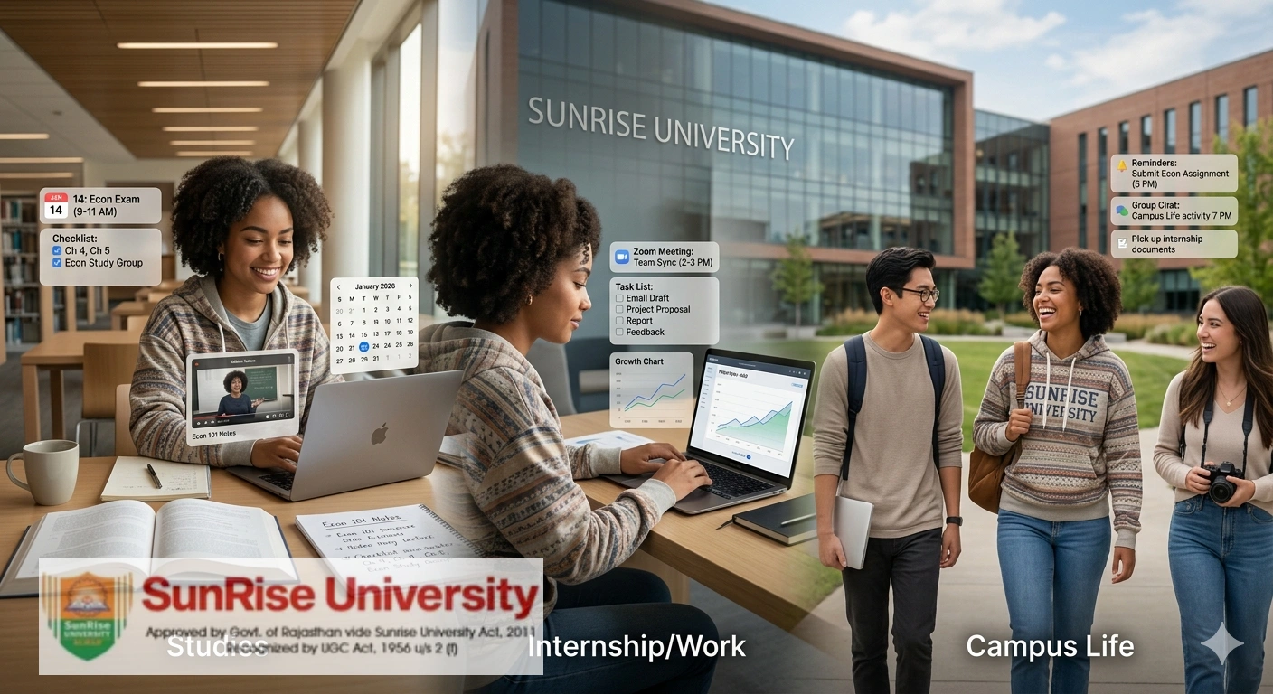 A high-quality, illustrative infographic visualized at Sunrise University. The scene is split into three distinct, interconnected vertical sections: Studies (Left, a focused female student using a laptop and books with 'Econ 101 Notes' visible), Internship/Work (Center, the same student working on professional data visualization charts and project proposals on multiple screens), and Campus Life (Right, the student and others socializing and smiling on the lawn). Each section is enhanced with modern, transparent user interface (UI) overlays displaying essential student data like a 2026 calendar, task checklists, growth charts, Zoom meeting schedules, and key academic and professional reminders (e.g., 'Submit Econ Assignment (5 PM)', 'Pick up internship documents'). Through the large windows, the text 'SUNRISE UNIVERSITY' is clearly visible on a background campus building. The overall mood is motivational, aspirational, and demonstrates a modern approach to balancing higher education.