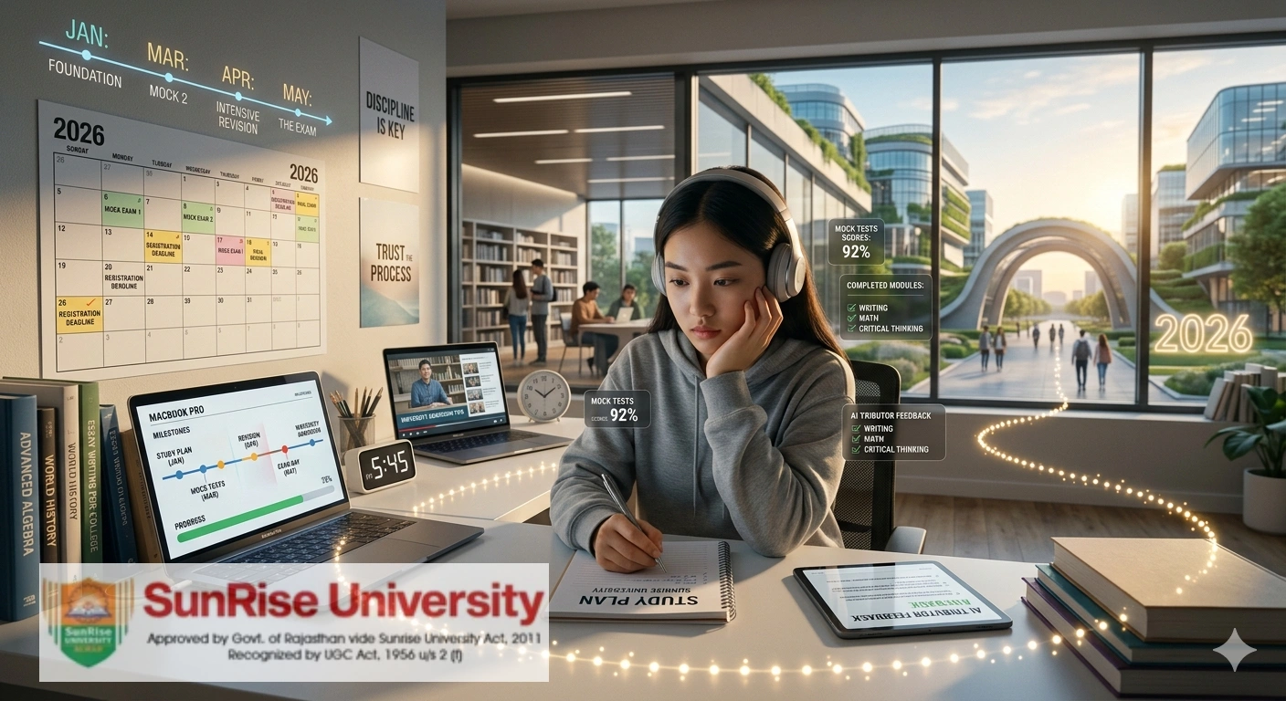 A high-quality, cinematic visual of a focused student at a well-organized desk, meticulously plotting a 'STUDY PLAN' for 2026 entrance at Sunrise University. The scene is rich with educational tools and motivational cues. An AR/VR style digital roadmap arches across the window, highlighting a timeline from foundation study in January to mock exams in March, intensive revision in April, and 'THE EXAM' in May. Virtual displays show key data: 'MOCK TESTS SCORES: 92%', a checklist of 'COMPLETED MODULES,' and personalized 'AI TUTOR FEEDBACK.' Traditional books like 'ADVANCED ALGEBRA' and 'WORLD HISTORY' flank the student. Through the large window, a modern, futuristic university campus is visible, symbolizing the goal, with a glowing '2026' monument and students walking the path. Wall graphics provide encouragement, reading 'DISCIPLINE IS KEY' and 'TRUST THE PROCESS.' The image perfectly blends modern technology with traditional study methods, creating an aspirational tone.