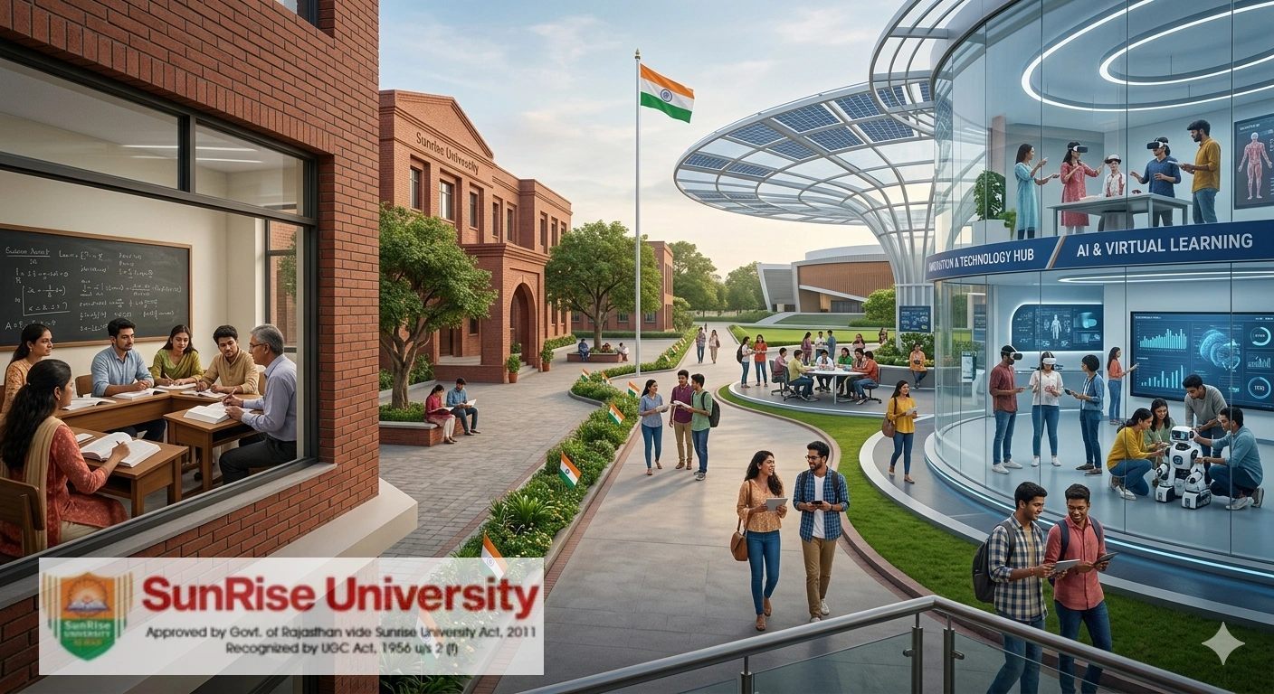 Students at Sunrise University engaging in modern learning aligned with India’s new education policies and future-ready university education