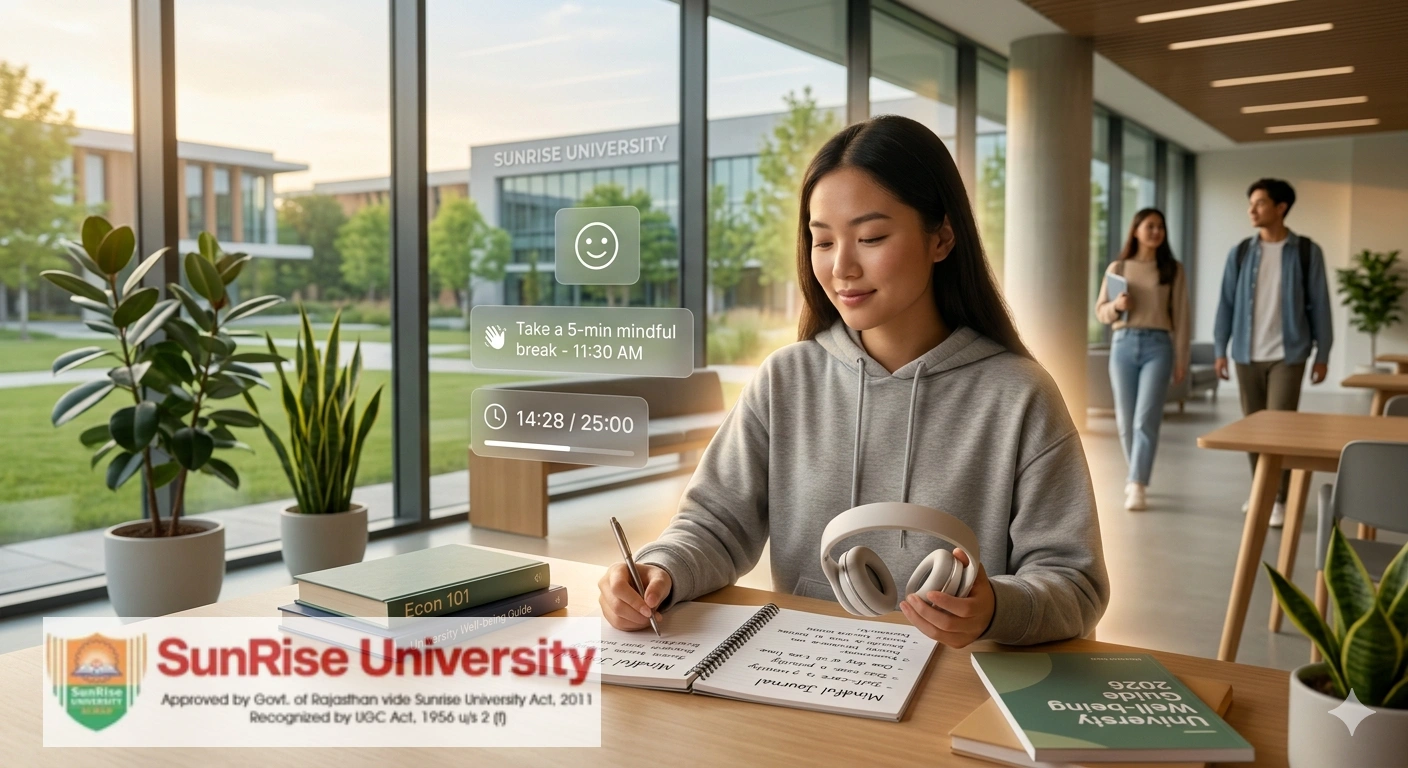 A high-quality, futuristic visual set within a cozy home study environment. A diverse young woman with braided hair and glasses is seated at a wooden desk, focused on her laptop. An advanced Augmented Reality (AR) projection floats in the air, creating a full 3D model of the Sunrise University campus. The projection features detailed visualizations of modern architecture and lush green spaces. Subtle blue holographic labels pin key areas, including 'LIBRARY', 'ACADEMIC BLOCK', 'HOSTEL ACCOMMODATION', 'SPORTS COMPLEX', and 'CAFETERIA'. A wall pennant clearly identifies the institution as 'Sunrise University'. Multiple screens are in use: a laptop displays a 2D map view, a tablet shows another navigation interface, and the student uses a mouse. The overall composition highlights how Sunrise University blends technology and education for immersive digital experiences.