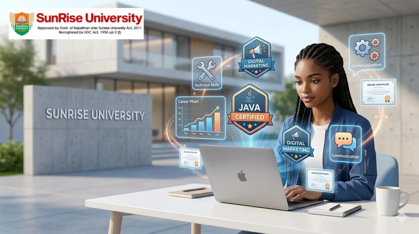 A young female student at Sunrise University uses a laptop, surrounded by glowing digital skill badges like Java Certified and Digital Marketing, with the modern university building in the background.