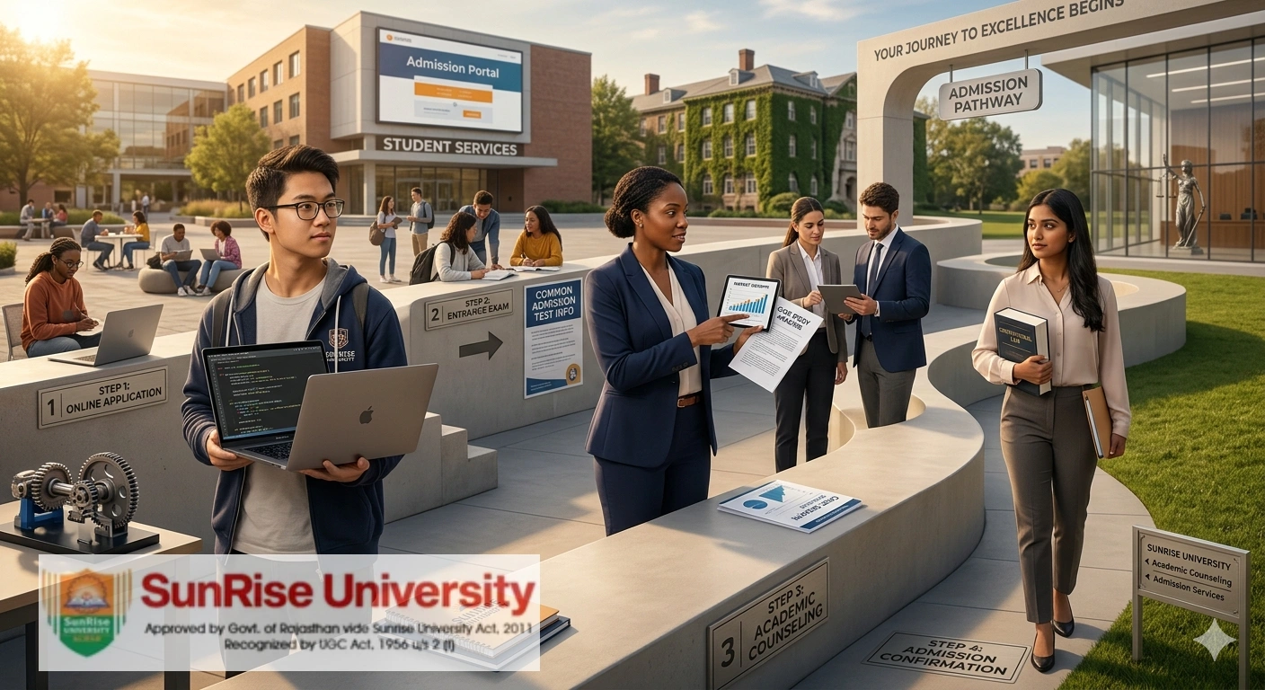 A highly realistic, cinematic representation of the Sunrise University admission journey. The scene features diverse students representing B.Tech, MBA, and Law disciplines, standing along a physical pathway marked with milestones like Online Application, Entrance Exams, and Academic Counseling. The background showcases a modern, sunlit campus with digital admission portals and professional infrastructure.