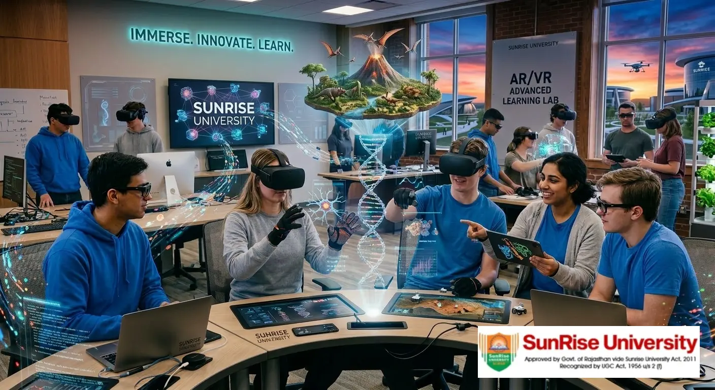 A diverse group of university students in an advanced AR/VR learning lab, wearing headsets and interacting with a multi-layered, interactive hologram. In the foreground, students manipulate a digital DNA helix and biological cells using gesture gloves. Above them, a complex diorama of a volcano with flying dinosaurs (pterosaurs) is projected, linked to a network of screens. Text on the wall reads "IMMERSE. INNOVATE. LEARN." and a sign says "SUNRISE UNIVERSITY AR/VR ADVANCED LEARNING LAB". The windows reveal a view of the Sunrise University campus with a flying drone.