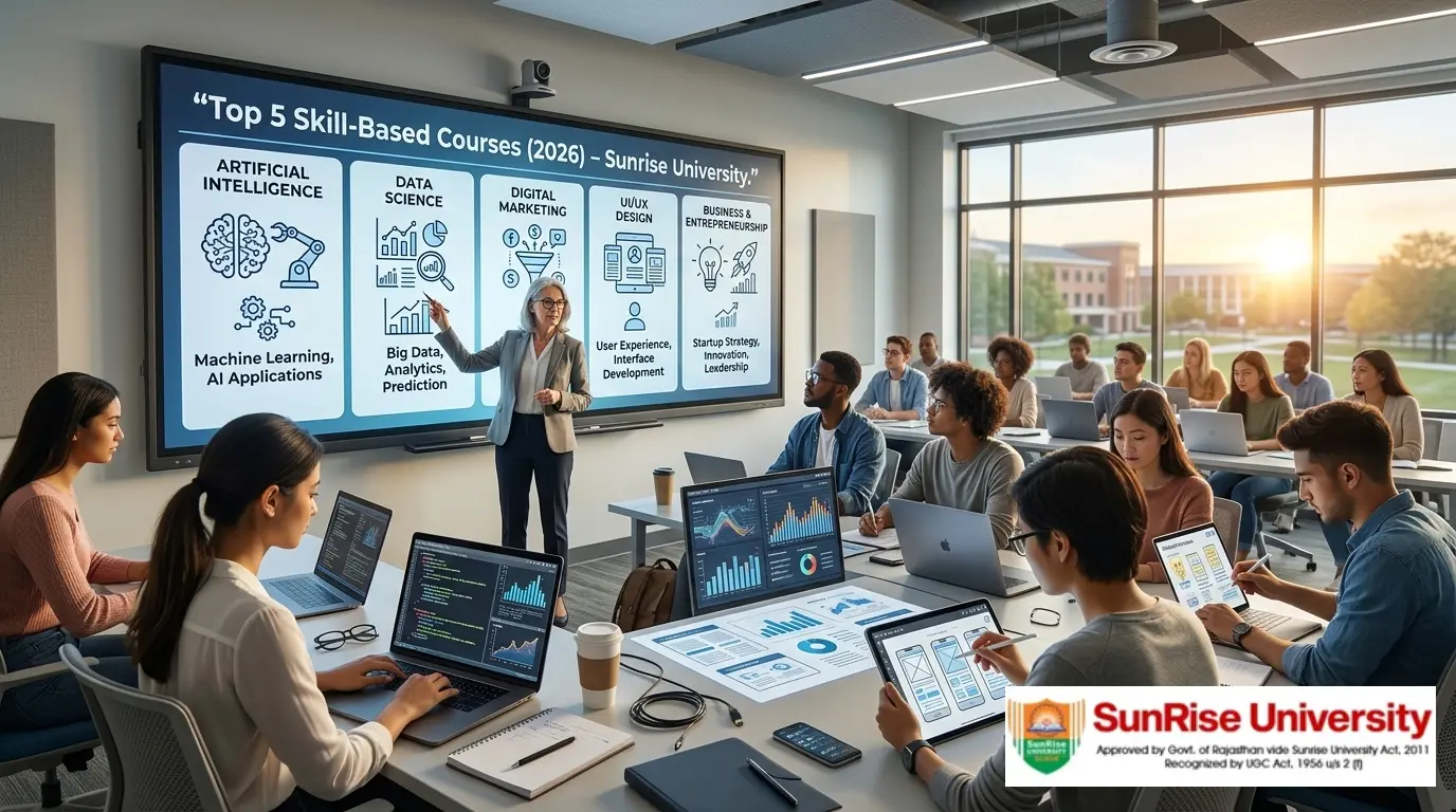 A realistic photograph of a modern Sunrise University classroom bathed in a warm sunrise glow. A female professor is presenting a lecture on "Top 5 Skill-Based Courses (2026)" on a large interactive smart screen. In the foreground, diverse students are actively learning, coding on laptops, designing on a tablet, and analyzing data dashboards, representing future job skills.