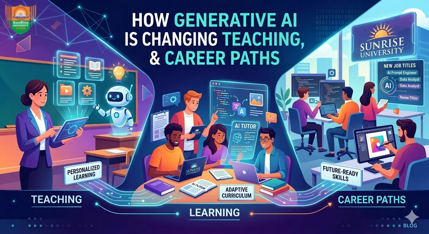 Generative AI transforming education, digital classrooms, AI-powered learning tools, and future career opportunities at Sunrise University