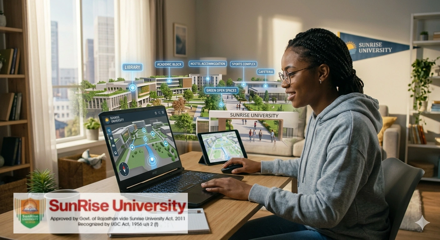 A high-quality, futuristic visual set within a cozy home study. A diverse young woman with braided hair and glasses is seated at a wooden desk, focused on her laptop. An advanced Augmented Reality (AR) projection floats in the air, creating a full 3D model of the Sunrise University campus. The projection features detailed visualizations of modern architecture and lush green spaces. Subtle blue holographic labels pin key areas, including 'LIBRARY', 'ACADEMIC BLOCK', 'HOSTEL ACCOMMODATION', 'SPORTS COMPLEX', and 'CAFETERIA'. A wall pennant clearly identifies the institution as 'Sunrise University'. Multiple screens are in use: a laptop displays a 2D map view, a tablet shows another navigation interface, and the student uses a mouse. The overall composition highlights how Sunrise University blends technology and education for immersive digital experiences.