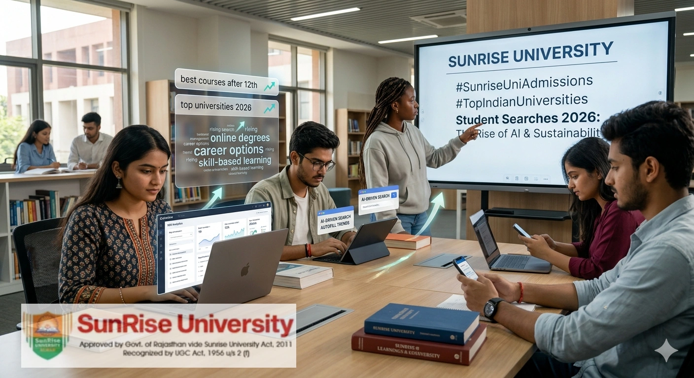 A high-quality, professional photograph captures a collaborative study scene at Sunrise University. Diverse students, aged 18-25, gather around a modern wooden table in a brightly lit library with large windows overlooking a green campus. They are actively using devices: a woman utilizes a laptop for SEO analytics, a man operates an iPad, and a student views a smartphone. Surrounding the students are sleek, floating holographic interface displays showing rising student search trends predicted for 2026. These include key phrases like 'best courses after 12th', 'top universities 2026', 'online degrees', 'career options', and a 'skill-based learning' trend chart. In the background, a large digital smart board screen features the 'SUNRISE UNIVERSITY' header and specific hashtags: '#SunriseUniAdmissions', '#TopIndianUniversities', and 'Student Searches 2026: The Rise of AI & Sustainability'. The composition is modern, aspirational, and perfectly illustrates the synergy between education and future tech at Sunrise University.