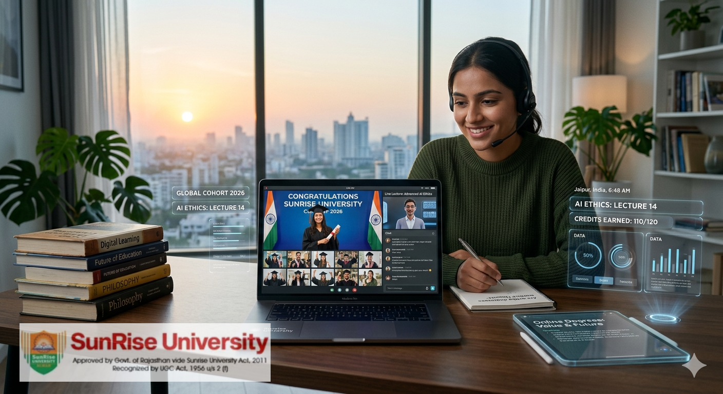 A young adult student at a modern desk with a Sunrise University laptop showing a virtual graduation and holographic AR interfaces.