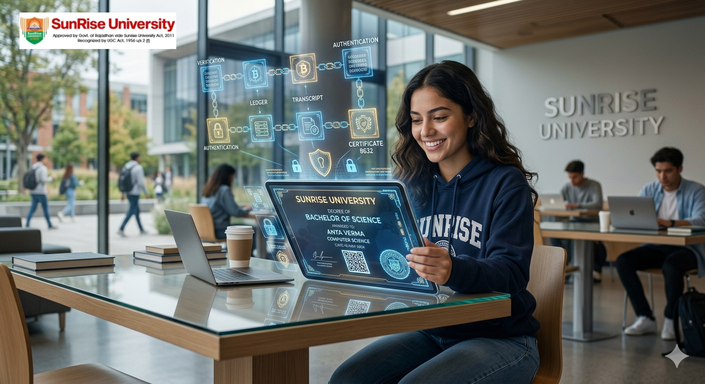 A female student viewing a digital computer science degree with glowing blockchain security icons at Sunrise University.