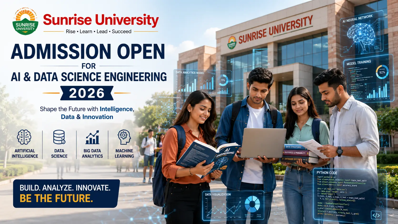 Students learning AI and Data Science Engineering at Sunrise University with modern computer labs and advanced technology classrooms.
