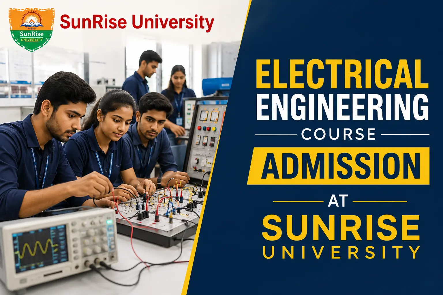 Students learning electrical engineering at Sunrise University laboratory during practical training session.