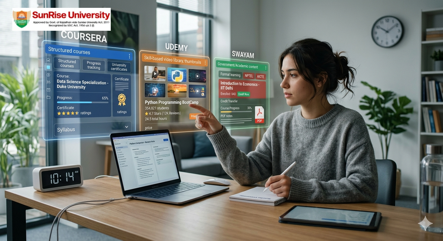 A young woman student from Sunrise University interacting with and comparing floating holographic screens displaying course details for Coursera, Udemy, and SWAYAM on her wooden desk in a modern home office.