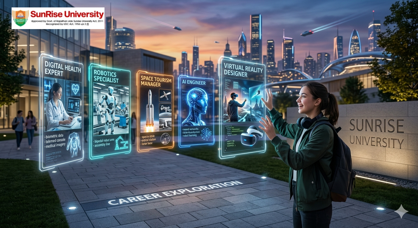A student at Sunrise University campus at dusk, interacting with glowing holographic displays showing futuristic career paths like AI Engineer, Robotics Specialist, and Space Tourism Manager.