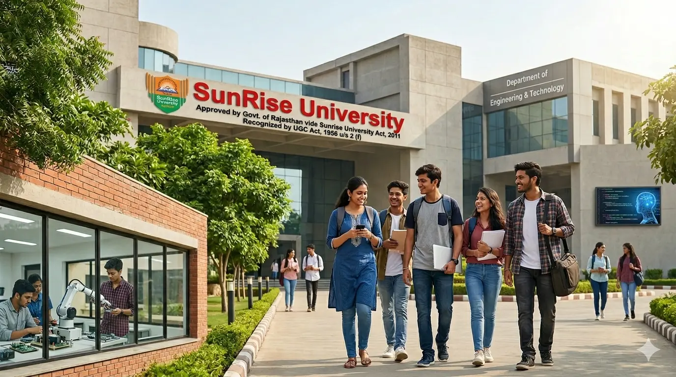 Indian engineering students learning Computer Science, AI, Mechanical, Civil, and Electrical Engineering at Sunrise University campus after 12th PCM.