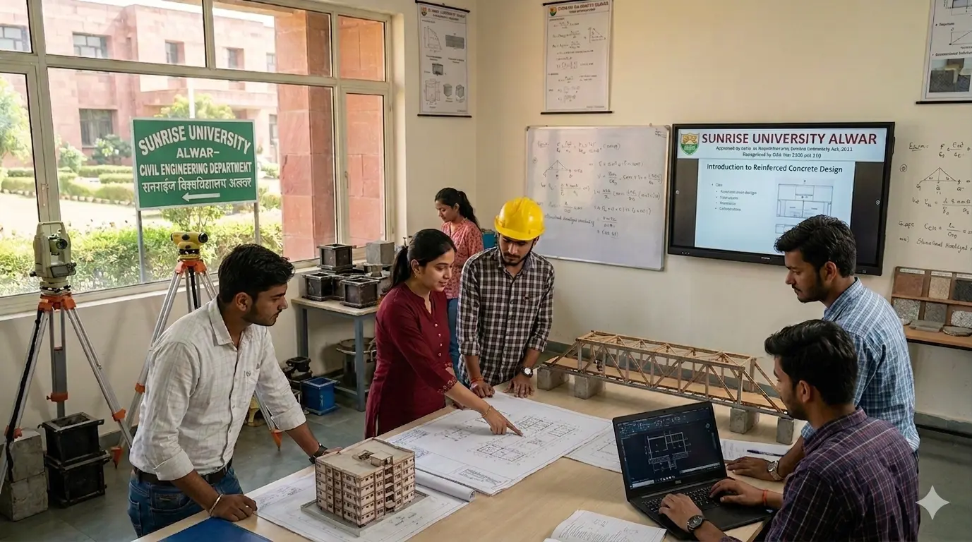 Students learning civil engineering concepts at Sunrise University with modern labs and construction training facilities.