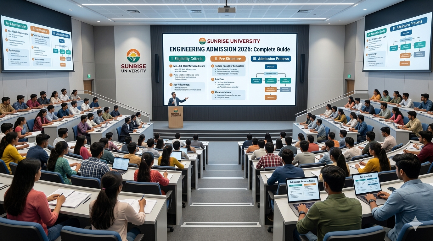 Indian engineering students and parents discussing Sunrise University Engineering Admission 2026 process on a modern university campus