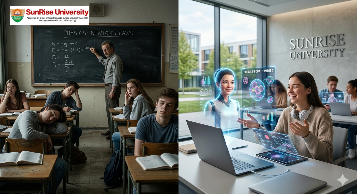 This split image visually contrasts two educational approaches at Sunrise University. The left panel shows a traditional, slightly dated classroom where students appear disengaged during a lecture on Newton’s Laws. The right panel depicts a bright, modern campus environment where a smiling student actively learns about biology through an interactive, holographic AI tutor, representing the innovative and technologically advanced future of education at Sunrise University.