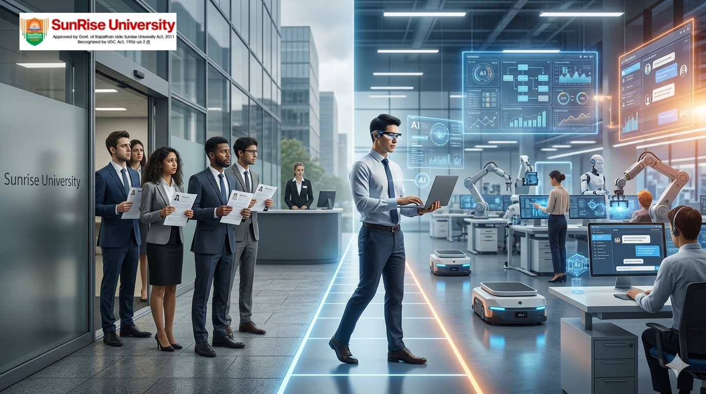 A group of anxious Sunrise University graduates with resumes transitioning into a high-tech workspace featuring AI dashboards, robotic arms, and digital upskilling.