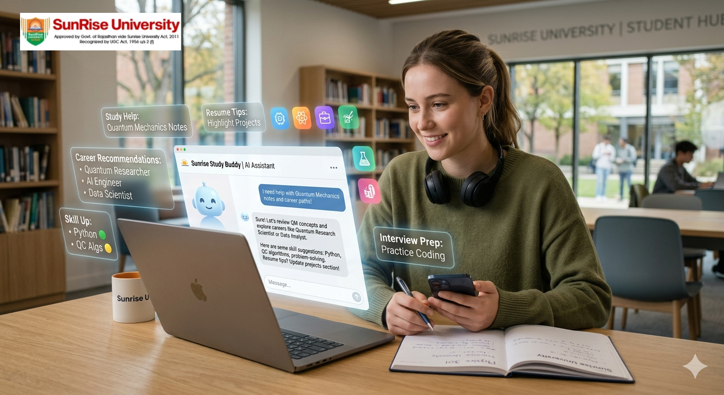 A smiling Sunrise University student utilizing augmented reality interfaces to interact with an AI study buddy for Quantum Mechanics notes, career advice on AI and data science, Python coding skills, and interview preparation within a modern student hub.