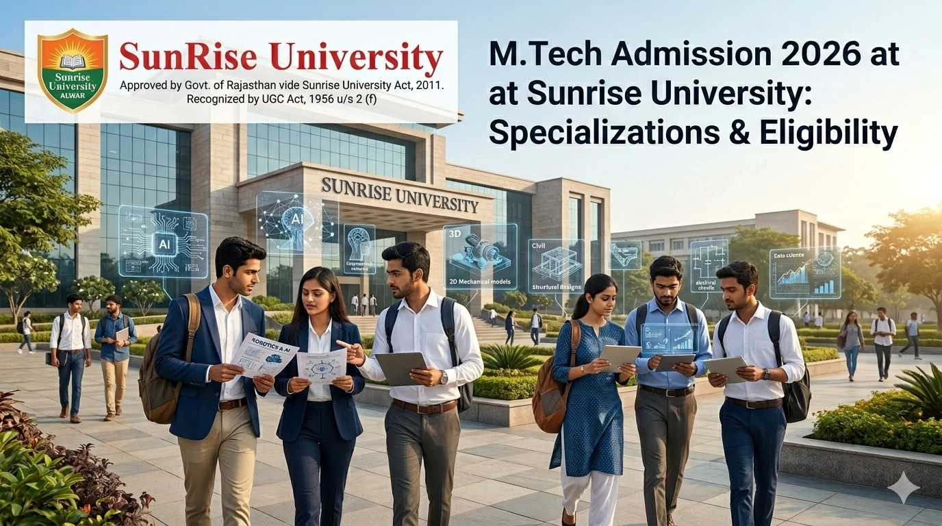 M.Tech Admission 2026 at Sunrise University showing engineering students with multiple specializations and modern campus facilities