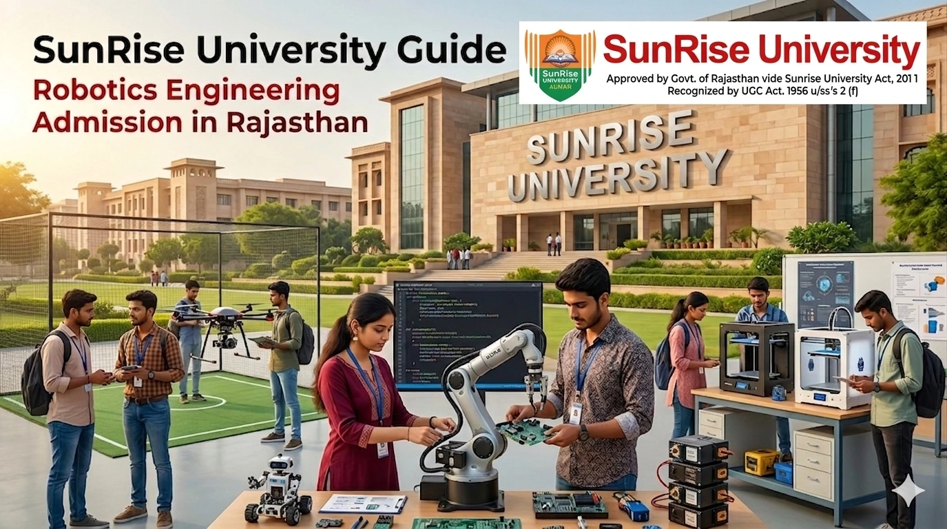 Student exploring robotics engineering admission opportunities at Sunrise University in Rajasthan inside a modern robotics laboratory.