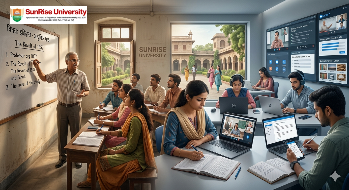 A hybrid classroom at Sunrise University, India, showcasing traditional blackboard teaching on one side and modern students using laptops for digital learning on the other, representing blended education.
