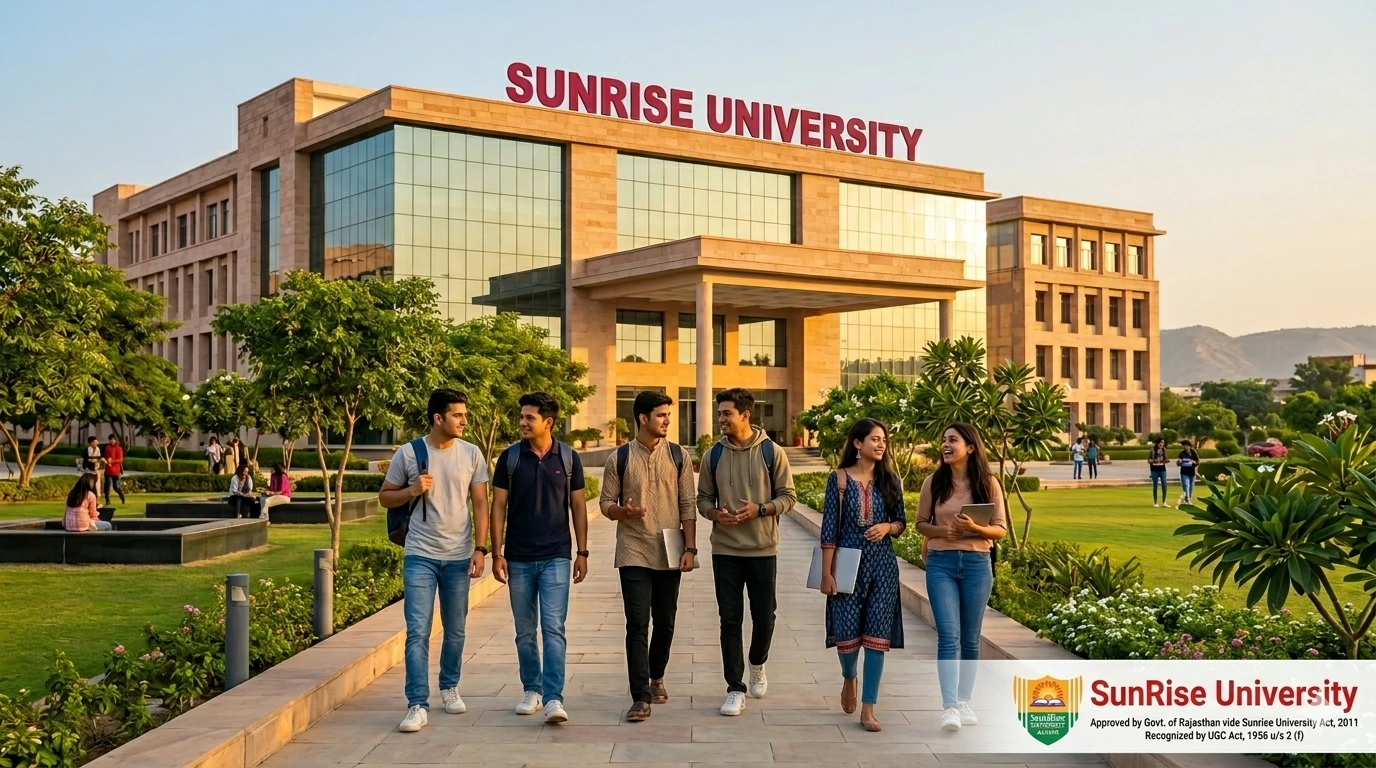 Students studying engineering at Sunrise University Rajasthan with modern campus, AI technology, coding labs, and smart classrooms.