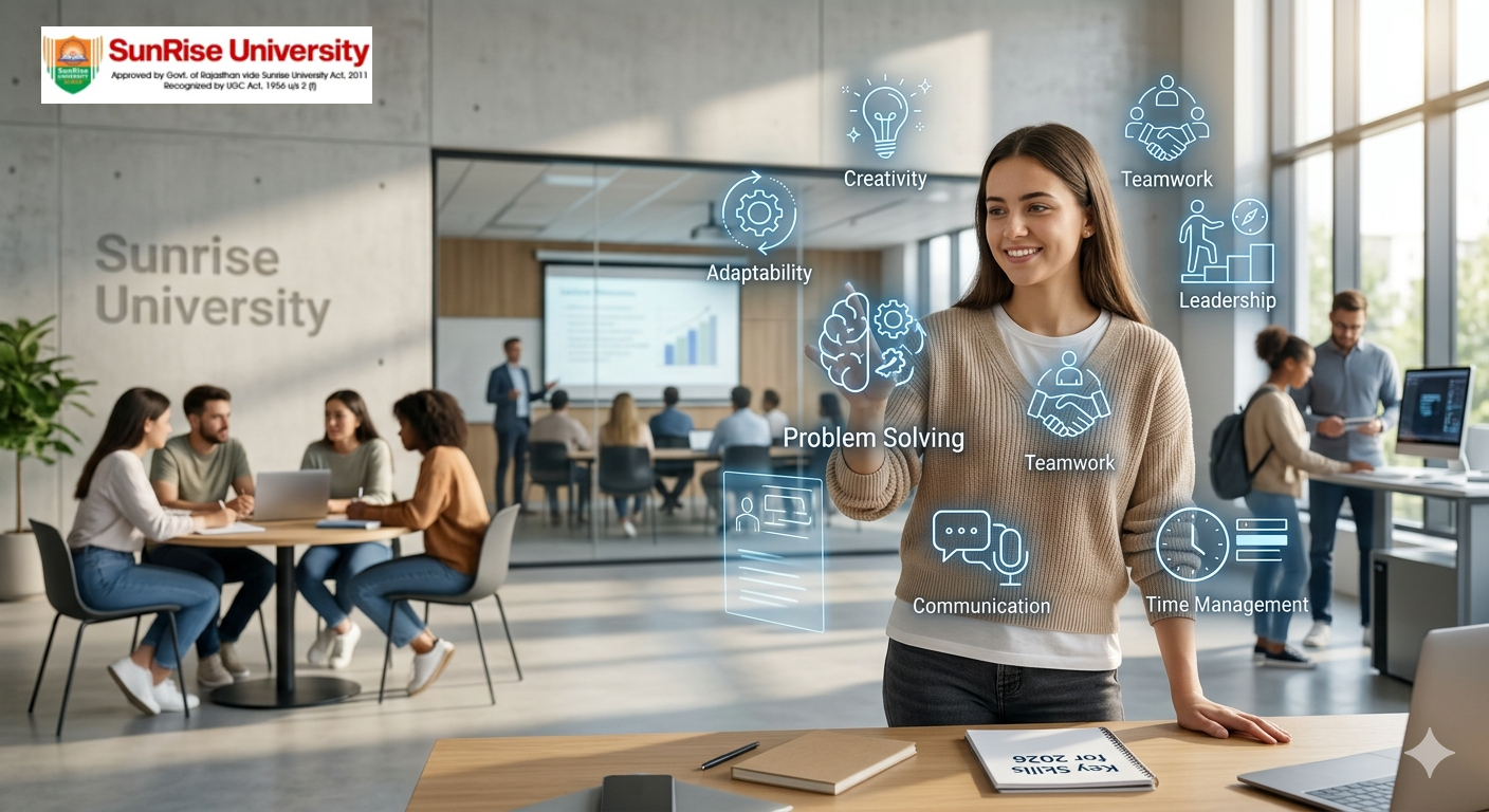A Sunrise University student interacting with holographic icons representing key soft skills like problem-solving, creativity, leadership, and teamwork in a modern campus environment.