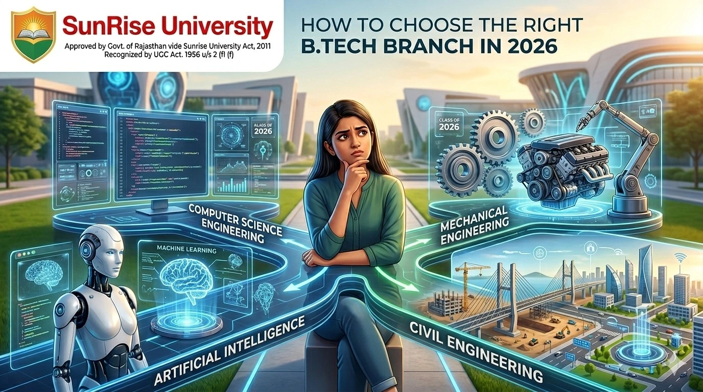 Indian engineering student choosing between CSE, AI, Mechanical, and Civil Engineering branches on a modern university campus with technology and engineering visuals.